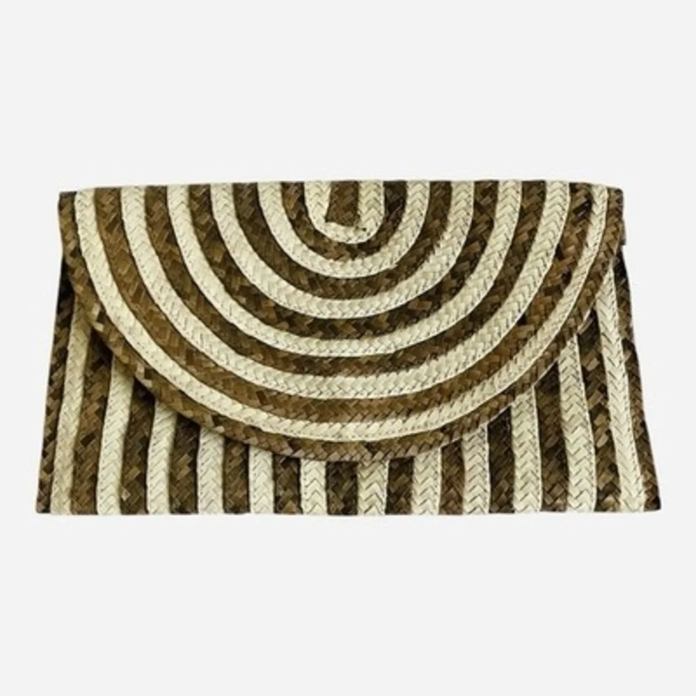 Chic Woven Straw Clutch Bag Brown Beige Stripe Curved Flap Beach Purse 11x6